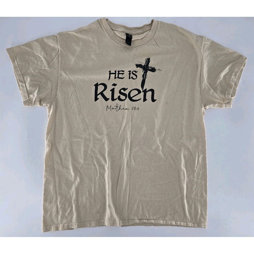 He Is Risen Christian - Religious T Shirt - Matthew‎ 28:6 - Tan - Sz: L - Heavy